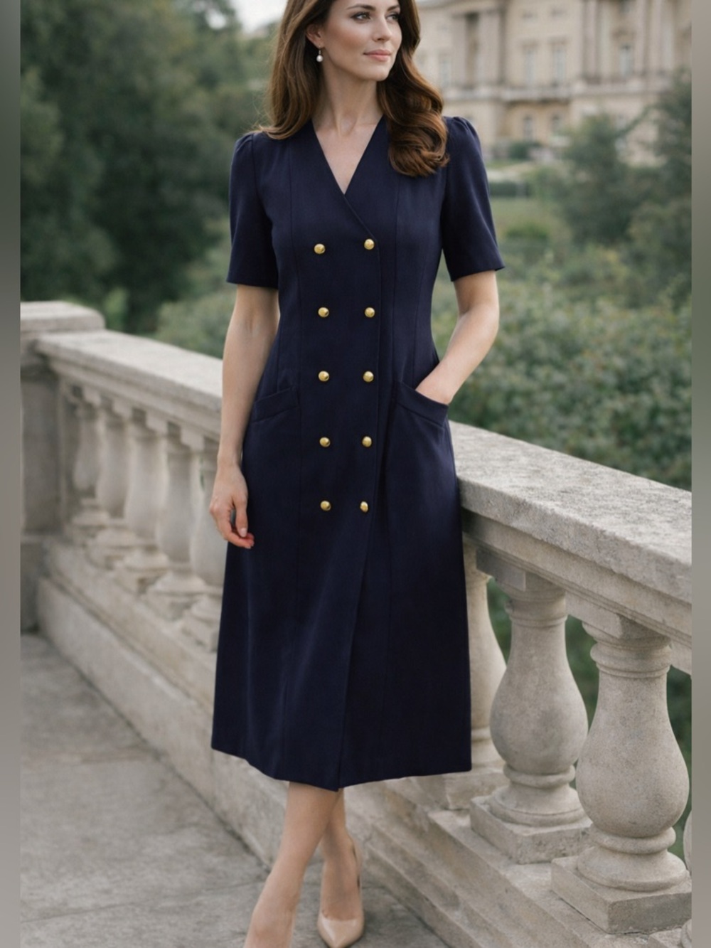 Vintage Windsmoor Navy Dress Made in England Structured Gold Button Midi Size 12